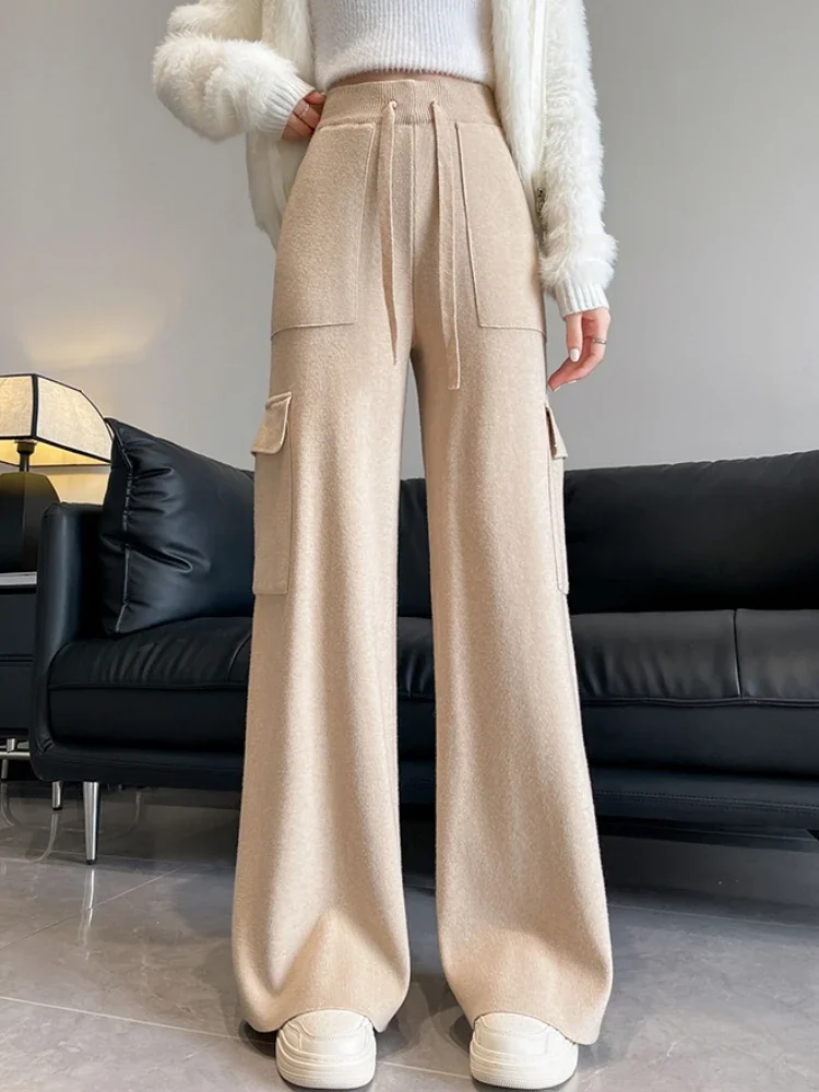 

High Waisted Knitted Cargo Pants Autumn Winter Thickening Warm Wide Leg Pants Women's Elastic Drawstring Black Straight Trousers