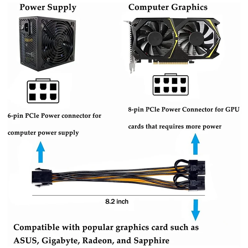 5 Pcs PCI-E 6-Pin To Dual 6+2-Pin (6-Pin/8-Pin) Power Splitter Cable Graphics Card PCIE PCI Express 6Pin To Dual 8Pin