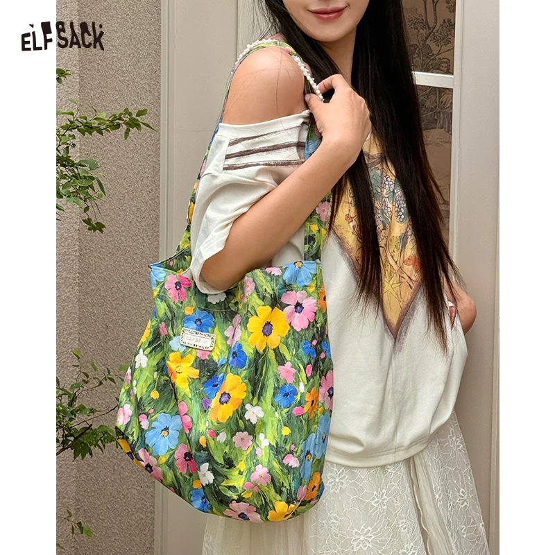 

ELFSACK Women's Boho Crochet Straw Shoulder Bag with Colorful Beads, Large Summer Beach Tote Bag, Casual Vacation Handbag