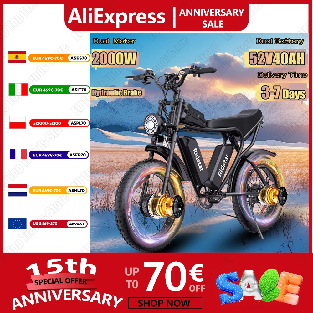 2000W Motor Electric Bicycle 52V40Ah Battery Ebike Hydraulic Brake All Terrain 20*4.0 Inch Fat Tire Two-wheel electric vehicle
