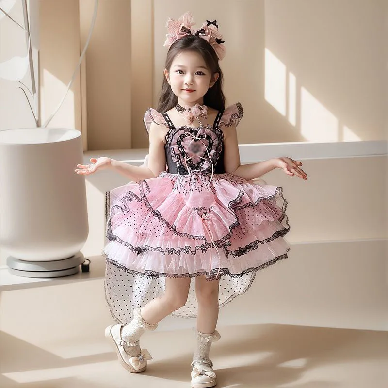 Summer Backless Lolita Ball Gown Girls Kids Sets Princess Pink Lace Layed Dress Birthday Party Childrens Gauze Clothing Sundress