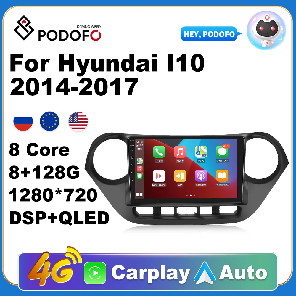 Podofo AutoRadio 2Din Android Radio Carplay For Hyundai I10 2014-2017  AI Voice 4G GPS Car Multimedia Video Player Stereo 2din