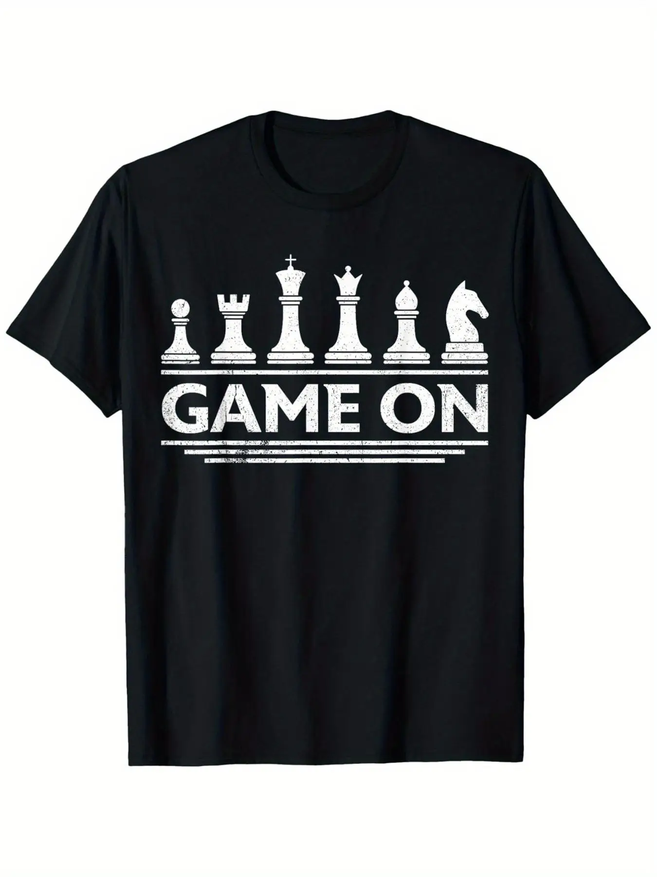 GAME ON Chess Pieces Graphic T-Shirt - Bold Retro Style with White Chess Figures Including Pawn, Rook, King, Queen, Bishop, and Knight - Perfect for Chess Lovers, Game Night, or Casual Wear