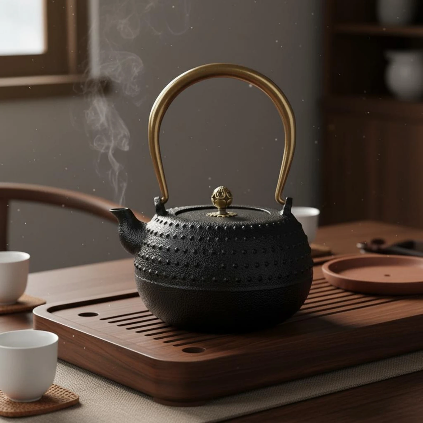 Cast Iron Teapot Textured Pebbled Teapot Japanese Tetsubin Matte Finish Tea Kettle Pot Brass-Colored Handle