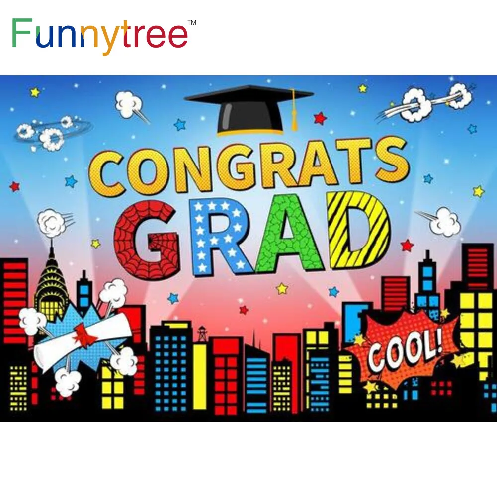 

Funnytree Congrats Graduation Class of 2022 Background Buildings Cartoon Children Celebrate Prom Bachelor Cap Photocall Backdrop