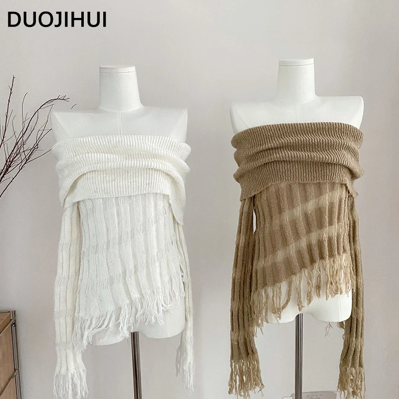 

DUOJIHUI Slash Neck Tassel Slim Female Pullover Classic Irregular Sexy Hollow Out Fashion Knitting Sweater Simple Women Pullover