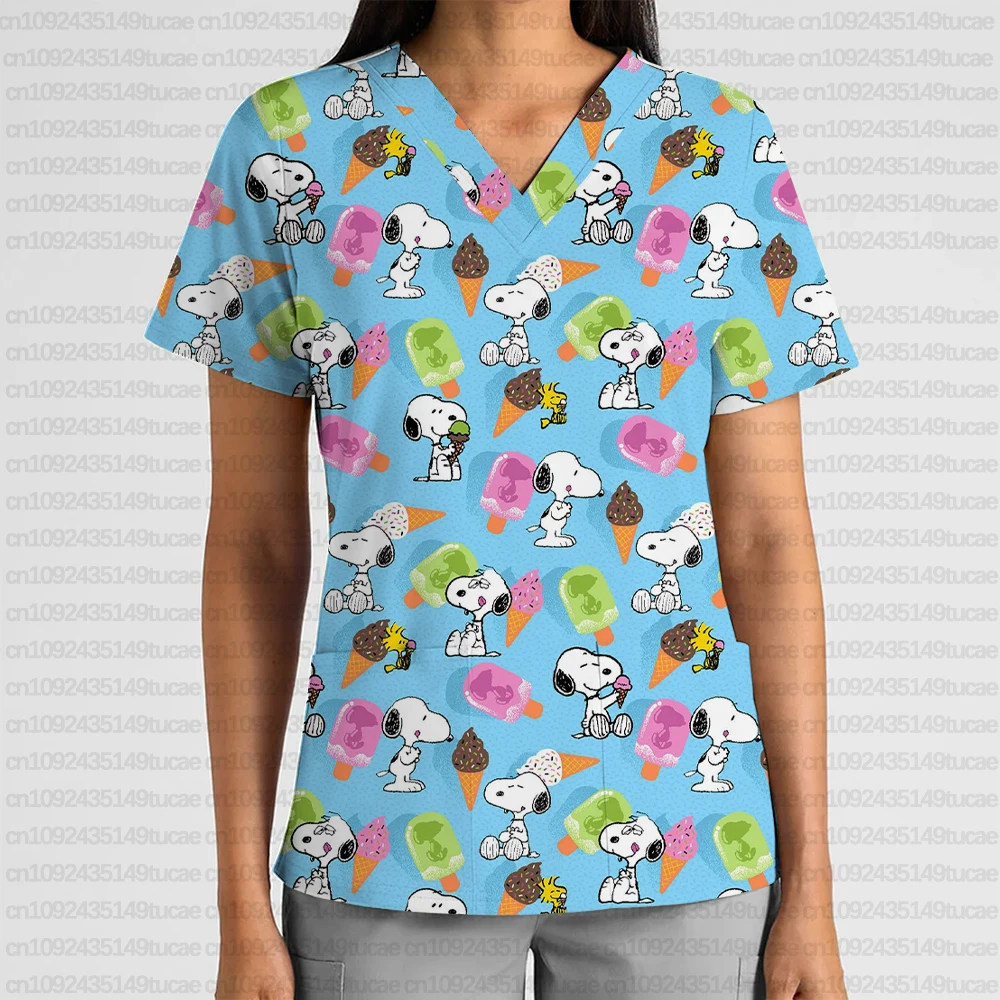 

Summer Women's Work Uniform Cartoon Snoopy Print Pocket V-Neck Scrub Top Beauty Salon Hospital Nurse Caregiver T-Shirt