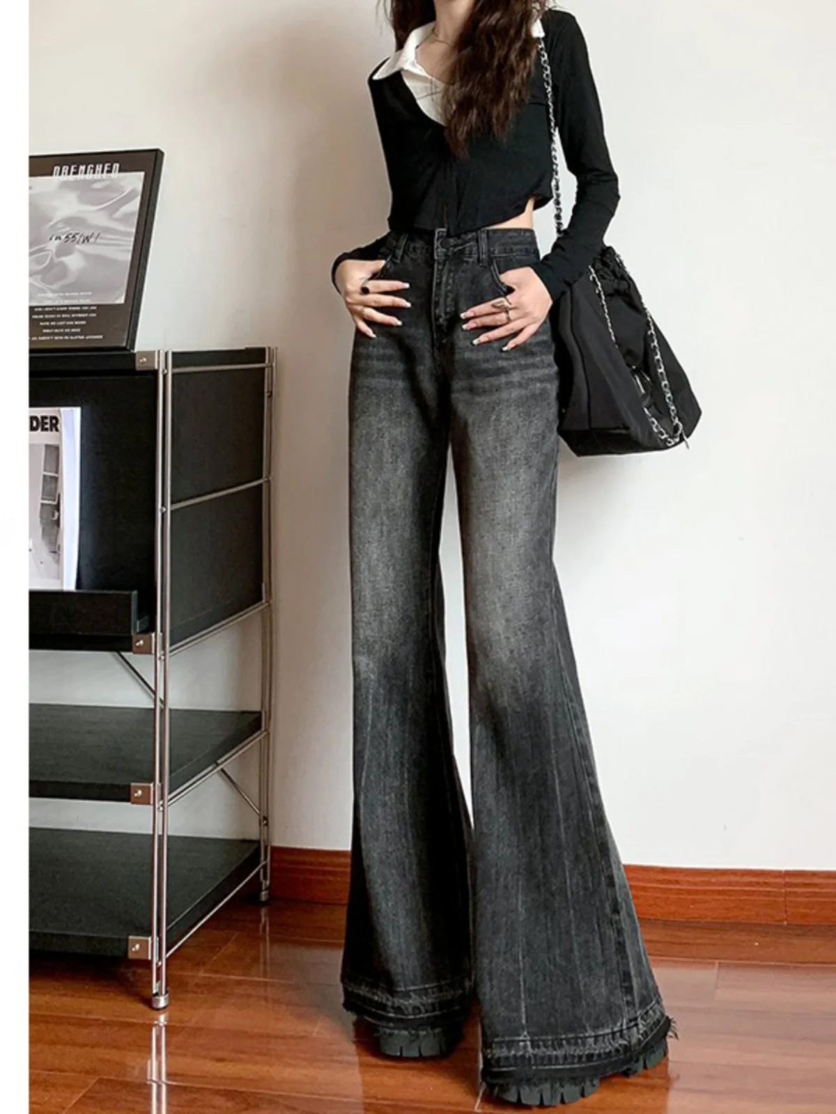 

High Waist Bell Bot Jeans Women plus Size Loose Fit Frayed Hem Wide Leg Pants Autumn Winter High Waist Denim Skinnies