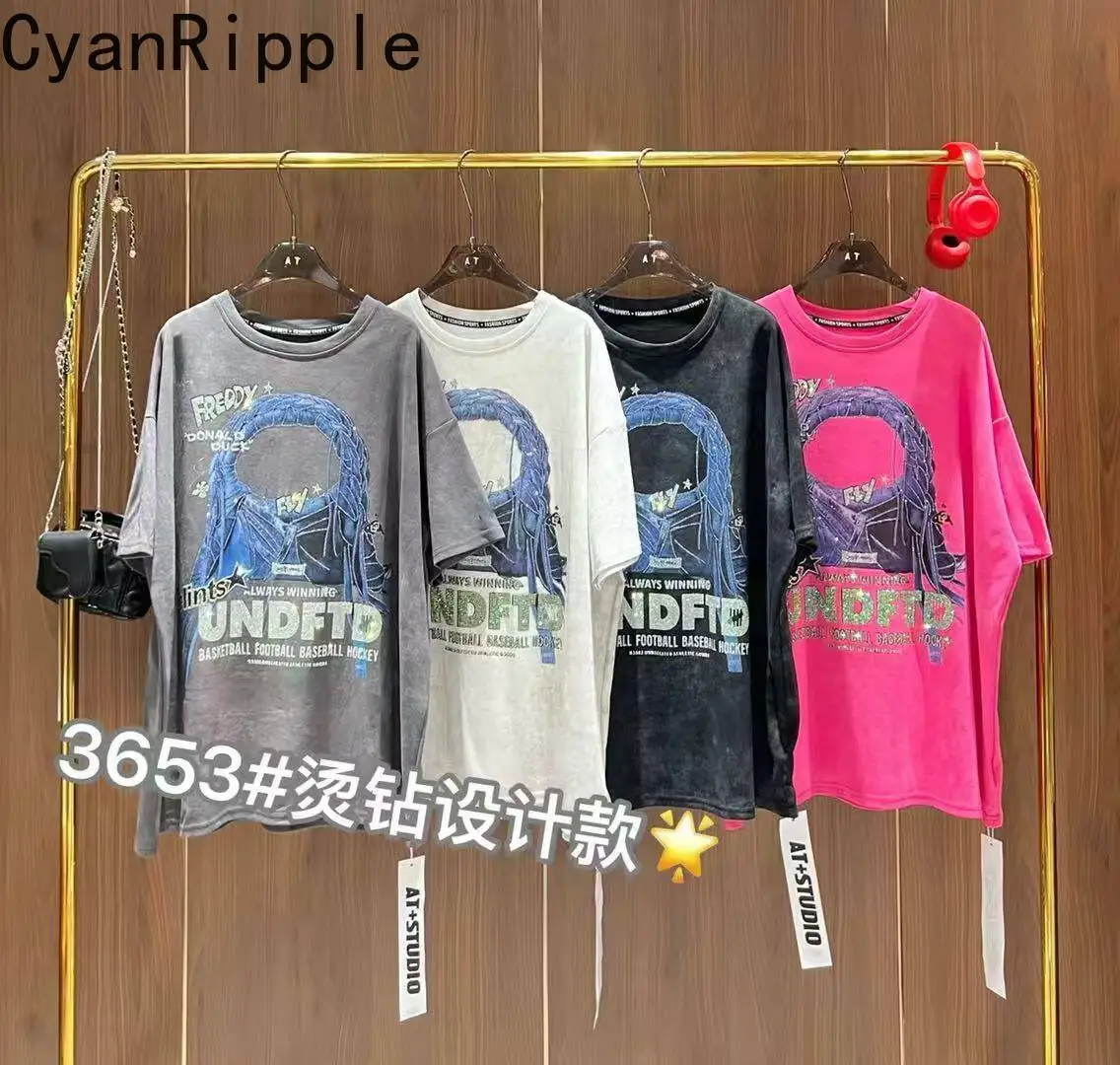

All-match New Spring Summer Women Short Sleeve T-shirt Trendy Hot Diamonds Oversize Pullover Top Round Neck Casual Cotton Tees