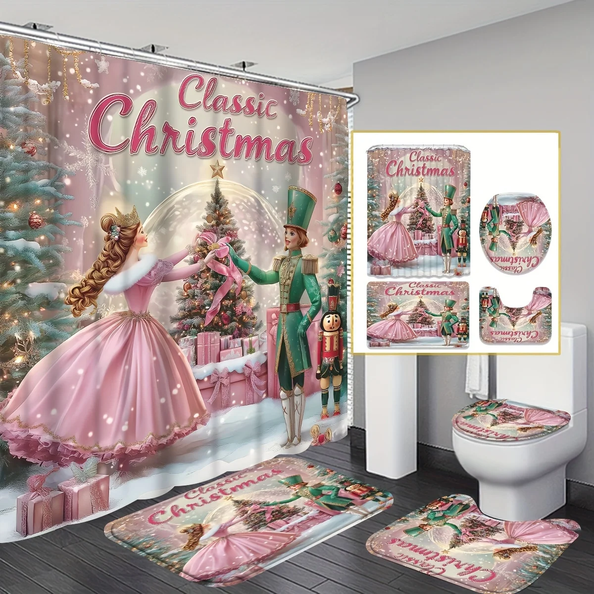 

4pcs Christmas Decor Shower Curtain Set, Christmas Tree Gifts Fairy Nutcracker Cute Pink Shower Curtain, Bathroom Decor