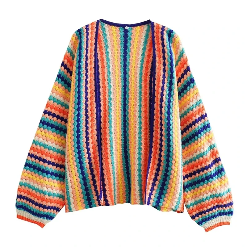 

Women's Autumn Winter Cardigan Stripe Sweater Casual Multi-color Hand Hook Loose Knit Clothing Knitwear Soft Warm Female Tops