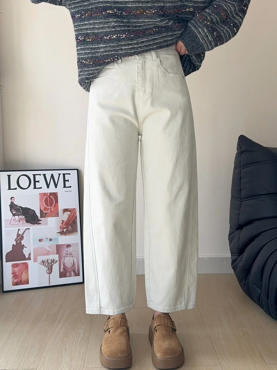 

High Waist Elastic Harajuku Sle Mom Jeans Women's Spring Season Mumei White Nine Points Knife Pants Loose Fit Cotton S...