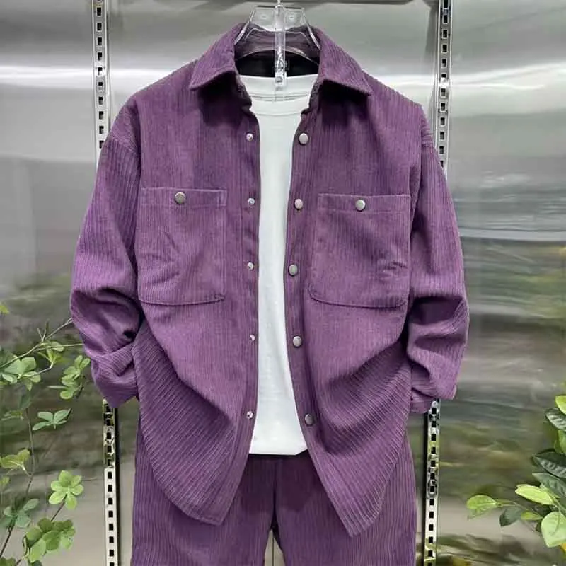 Fall New Men's Fleece Fashion Suit Versatile Shirt Jacket Straight-Leg Slacks Two-Piece Set