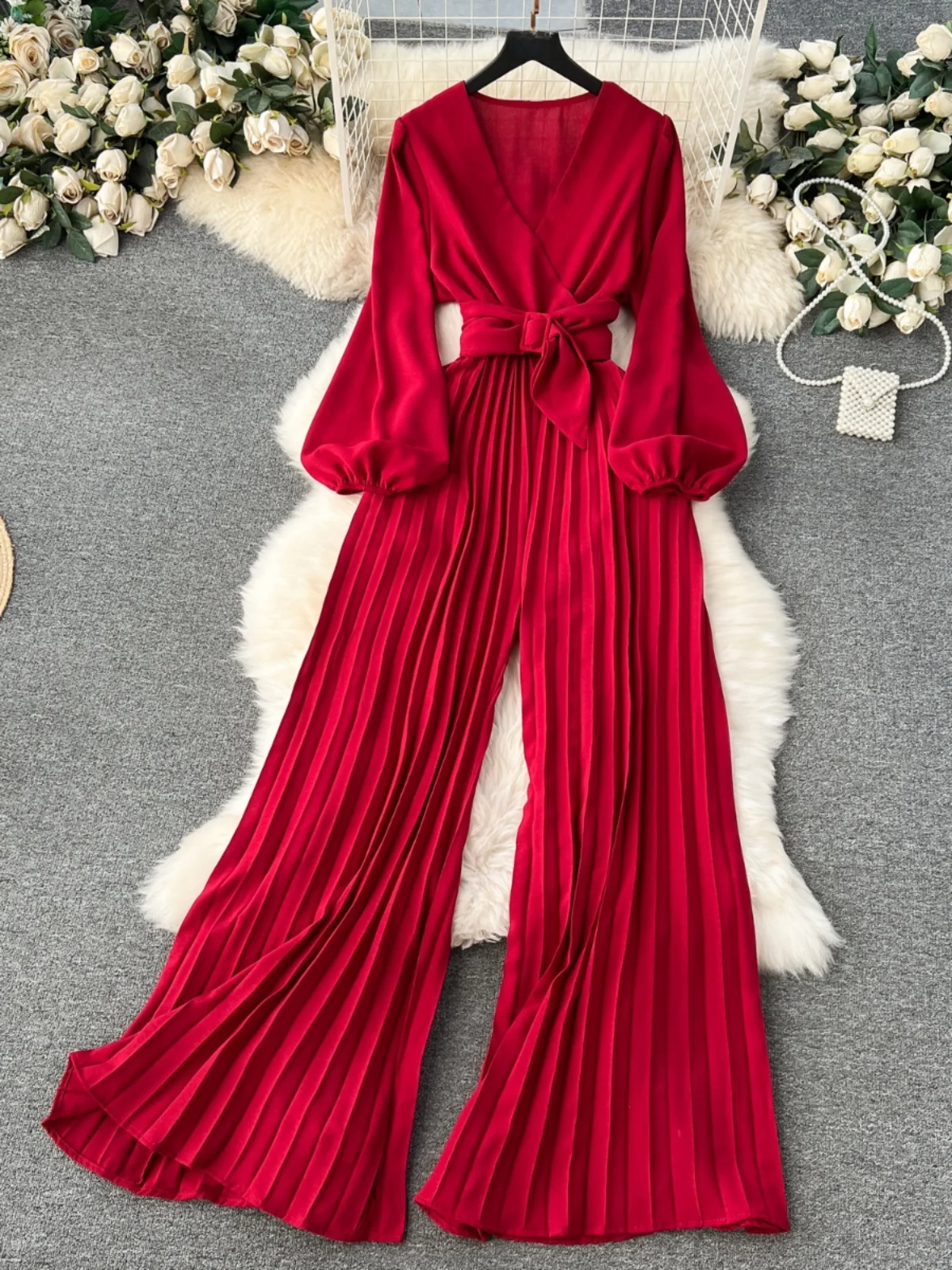 Spring 2024 Women's Bubble Sleeve Jumpsuit V-Neck Waist-Cinching Long Wide Leg Pants High Waist Commute Style Regular Thickness