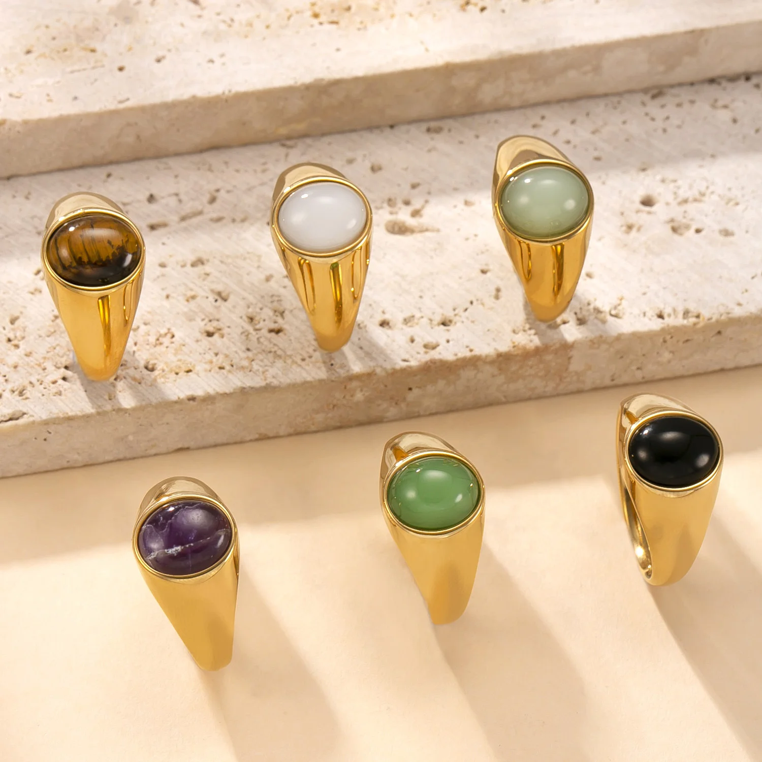 Natural Stone 316L Stainless Steel Wide Oval  Black Green Tiger Eye Ring Trendy Fashion Men Women Jewelry Accessories