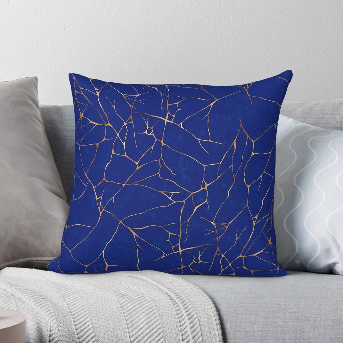 Kintsugi Sapphire Blue Square Pillowcase Polyester Linen Velvet Printed Zip Decorative Throw Pillow Case Home Cushion Cover