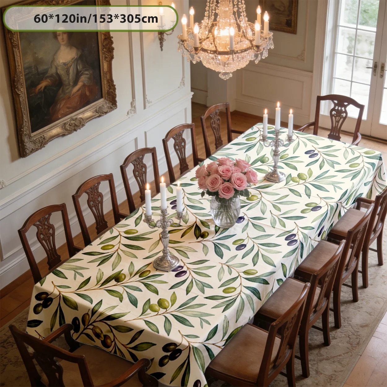 Tablecloth 2D Flat Printing 1pc Rectangular Olive Branch Watercolor Style, Green And White Color Tablecloth, Durable Polyester Fabric, Suitable for Indoor Outdoor Holiday Party Decoration, Valentine'S Day, St. Patrick'S Day, Carnival, Easter Decor