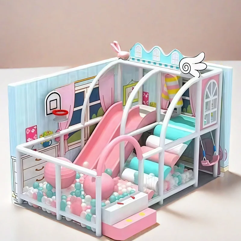 Cheap Pastel Pink Blue Indoor Playground Contained Play Area  with Slide Climber Ball Pit Naughty Castle  Play