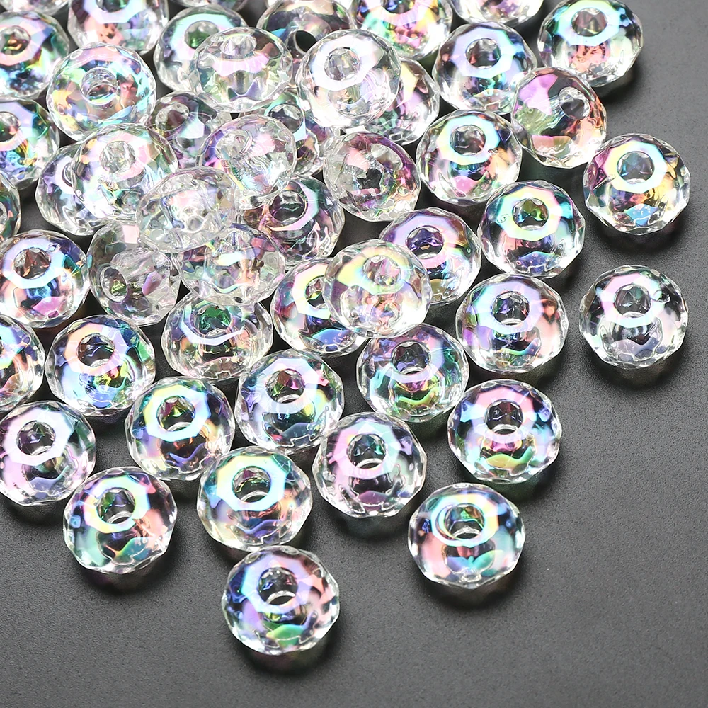 10Pcs 15mm Transparent Large Hole Spacer Beads Acrylic Flat Round Loose Beads For Necklace Bracelet Earrings DIY Jewelry Making