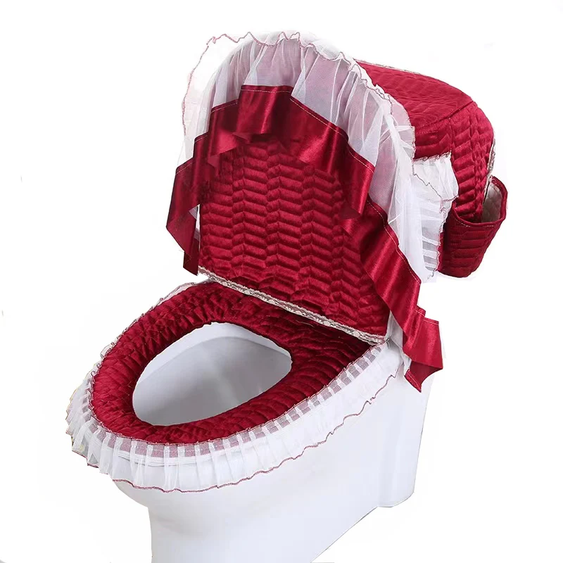 High Quality Velvet Lace Toilet Seat Cover Set Toilets Home Bathroom Decoration Water Tank Cover+Toilet Cover Seat+Toilet Sea