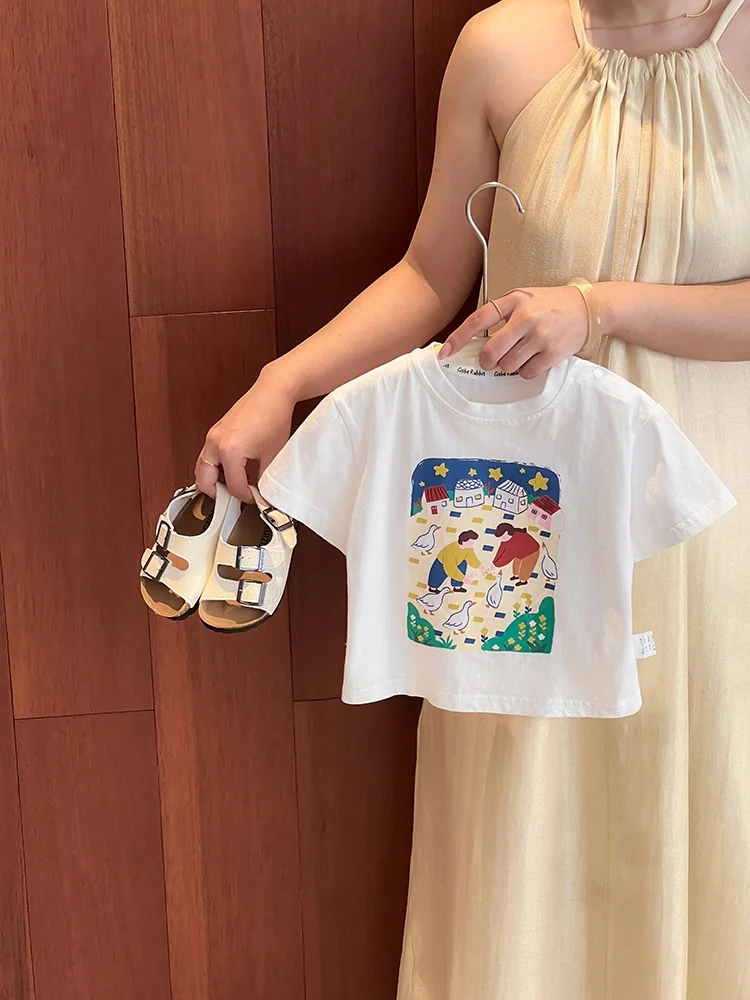 Camiseta infantil fofa de manga curta com estampa de desenho animado, top de algodão confortável para meninos e meninas, moda...