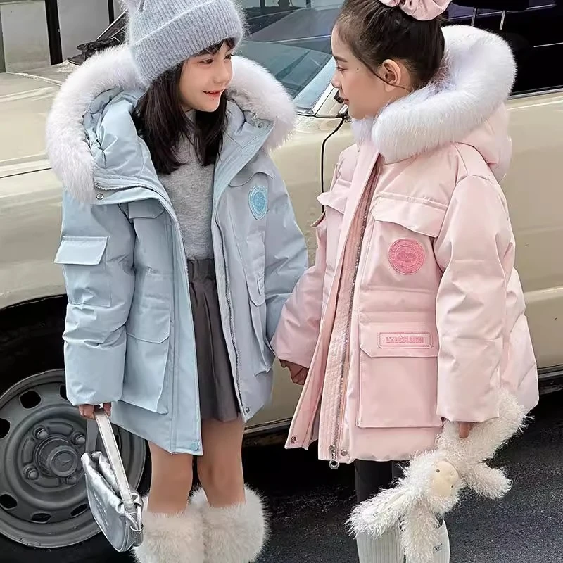 

winter 4-14 teen girls fur collar workwear down cotton jacket Korean children warm overcoat junior kids cotton-padded outerwear