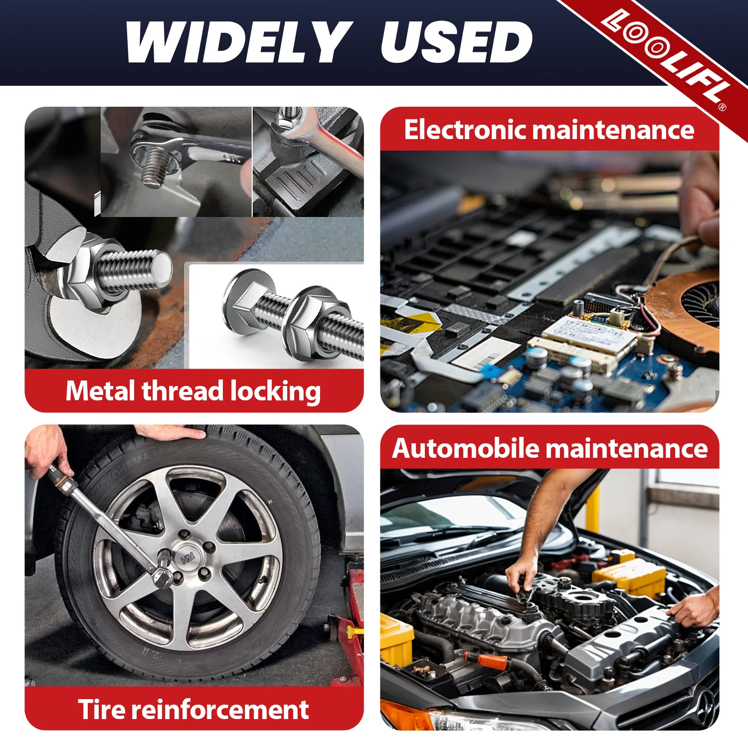 10mlRed agent de verrouillage de fil - un adhésif métallique amovible de verrouillage de fil utilisé sur les écrous, les boulons et les éléments de fixation pour empêcher le relâchement