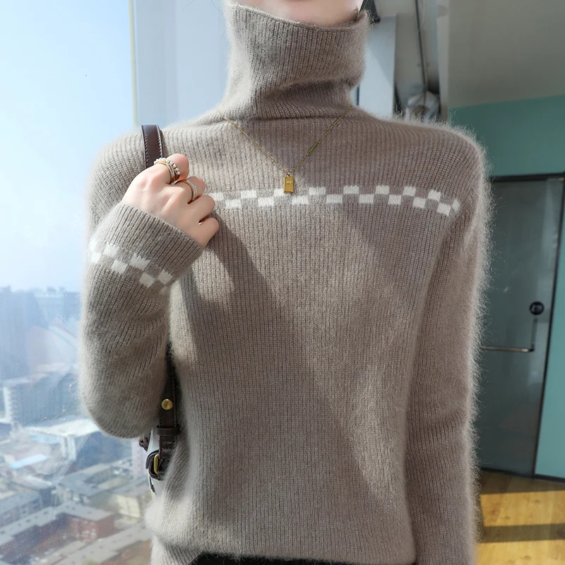 Autumn And Winter New Sweater Women 100% Mink Cashmere Pile Collar Color Matching Slim Wool Pullover Joker Knit Bottoming Shirt