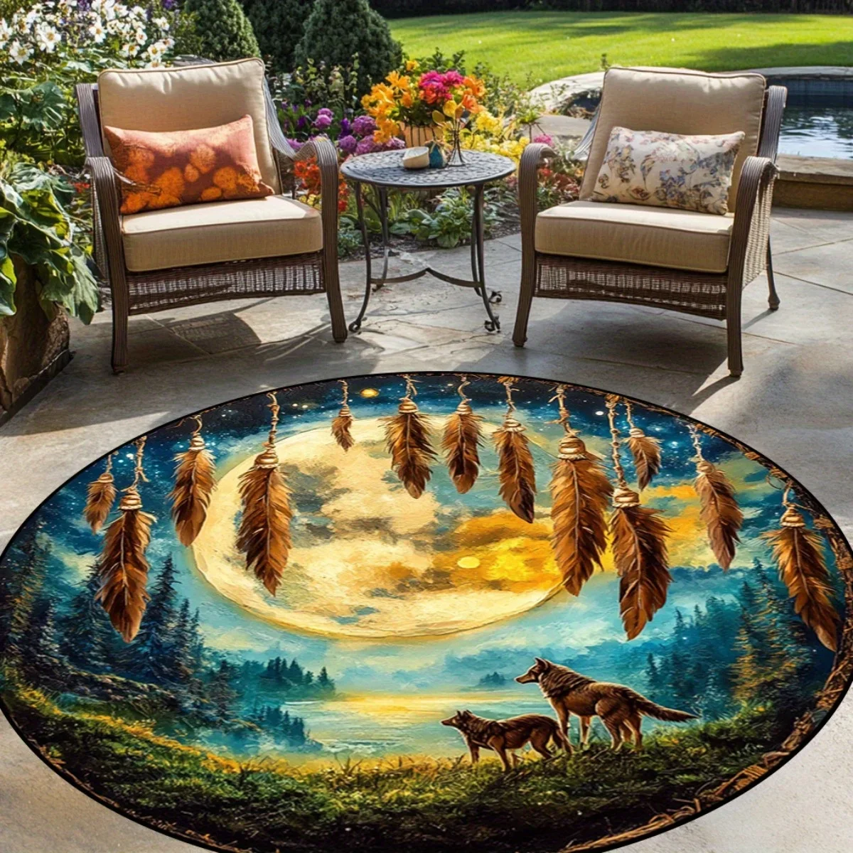 1pc Dreamy Forest Wolf Moon Round Rug Nature Wildlife Art Decor Soft Flannel Patio Garden Outdoor Indoor Floor Mat Carpet