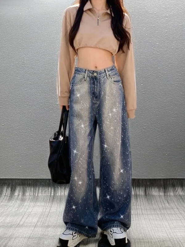 

Dry Galaxy adient High Waist Loose Wide Leg Denim Jeans Women's Spring Faion Street Sle Rhinestone Embellied Casua...