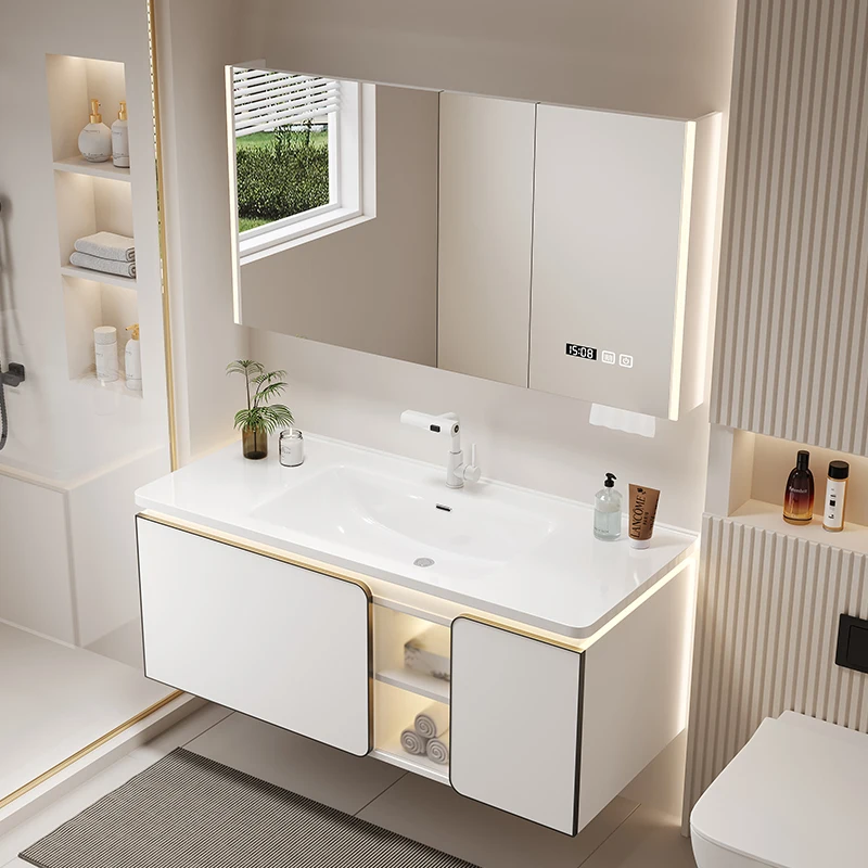 BTH Cream Wind Design Ceramic Solid Wood Multilayer All-in-One Bathroom Vanity Integrated Basin LED Mirror Anti-Fogging