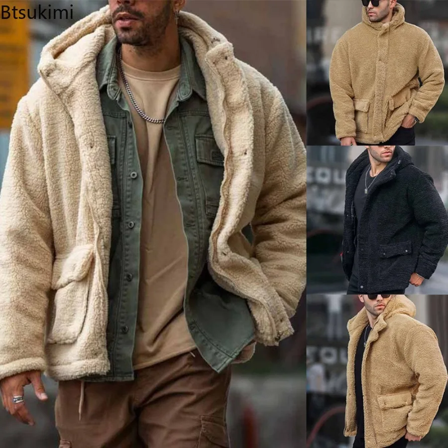 

2025 Men's Autumn and Winter Fleece Zipper Sweater Hooded Solid Color Fluffy Coats Male Sherpa Fleece Jackets Warm Streetwear