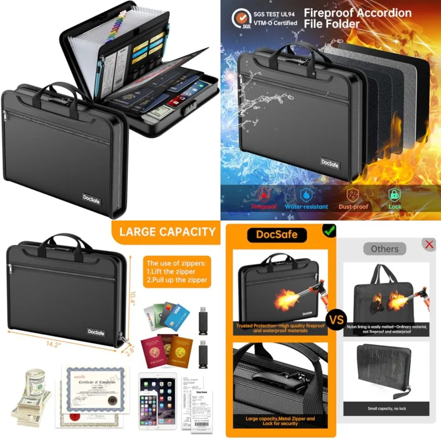 DocSafe accordeonmaporganizer met cijferslot voor thuiskantoor en reisgebruik: vuurvast waterbestendig uitbreidbaar desi