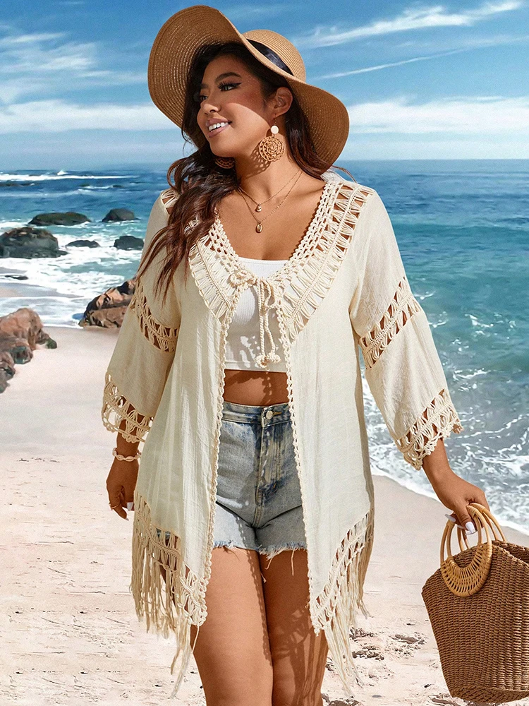 Plus Size Strand Tropische Quasten Cover-Up Kimono Häkeln Sonnenschutz Badeanzug Robe Badeanzug Strand Cover Up Smock Badeanzug