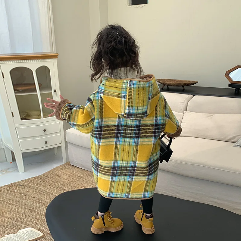 Girl Top 2023 New Autumn Winter Fashion Style Plaid Fur Long Hooded Coat Baby Girl Fleece Thick Outerwear Children Clothes image 4