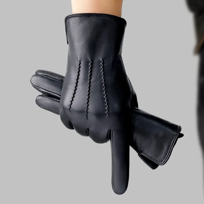 

Real Leather Gloves Male Autumn Winter Thermal Plushed Lining Fashion Black Driving Men Sheepskin Gloves Touchscreen YSM0081