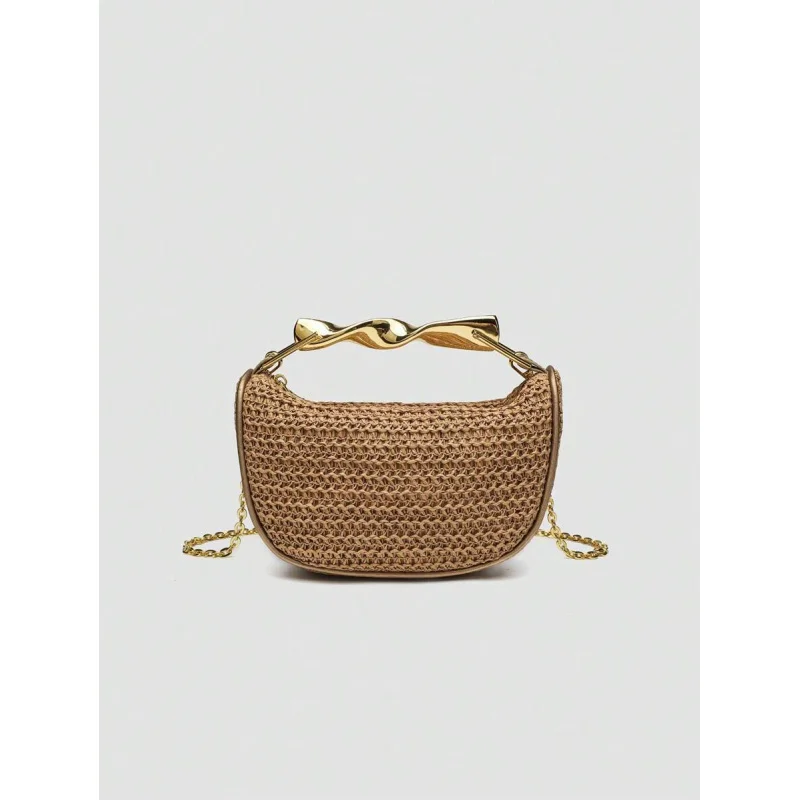 

1pc Summer , Women Mini Crossbody Zip Woven Handbag With Metal Handle, Casual Ladies Straw Tote Shoulder Bag, Perfect F