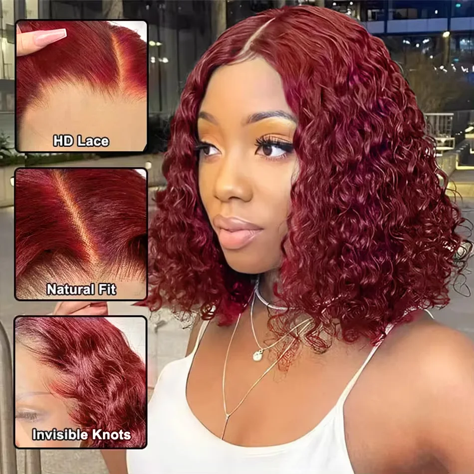 99J Burgundy Short Bob Deep Wave Lace Front Human Hair Wig 13x4 Hair Wig  200% Density Frontal Wig 13x6 Red Bob Curly Wigs