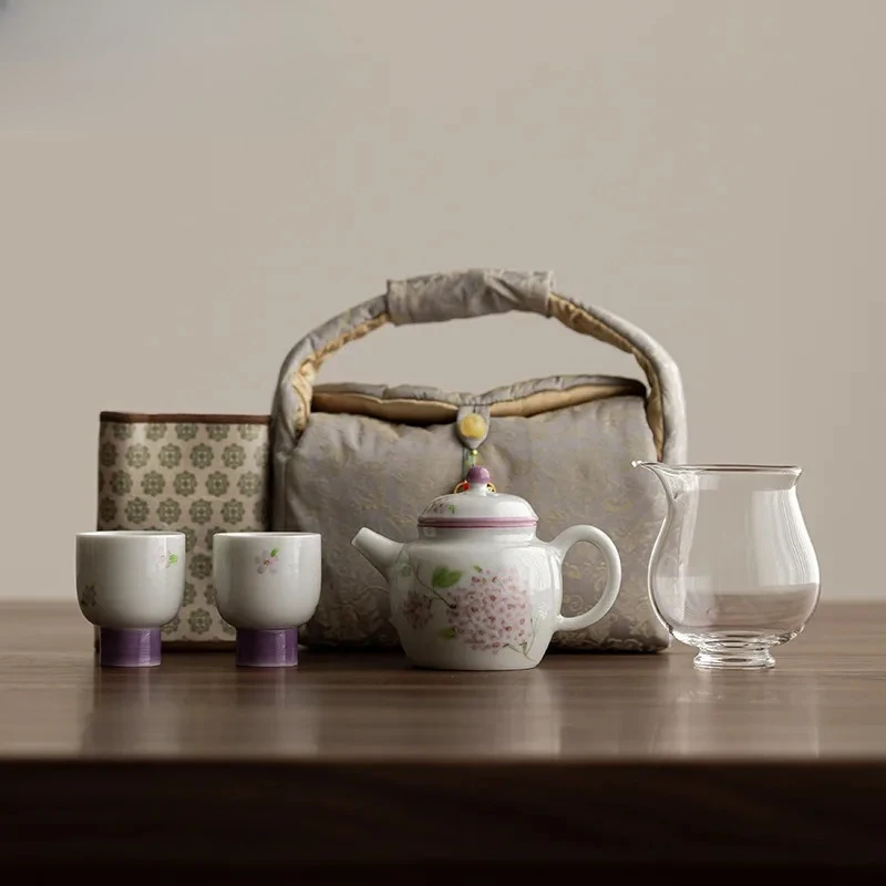 

Набор для путешествий: Чайный сервиз ручной работы с вышивкой в виде цветов, 1 чайник, 2 чашки, органайзер, портативная сумка для пикника, ручная работа