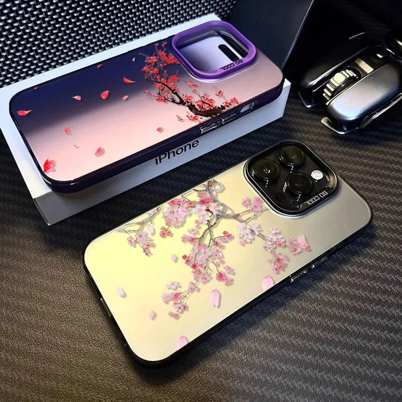 Japan Cherry Blossoms For iPhone 15 14 13 12 11 Pro Max XS Max X XR 7 8 Plus 6S Fashion Colorful Silver Phone Case