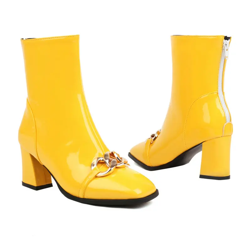 Patent Leather Yellow Red Mature Ladies Winter Warm Shoes Thigh Heels Extra Big Size 50 51 52 Women Ankle Boots With Metal Chain