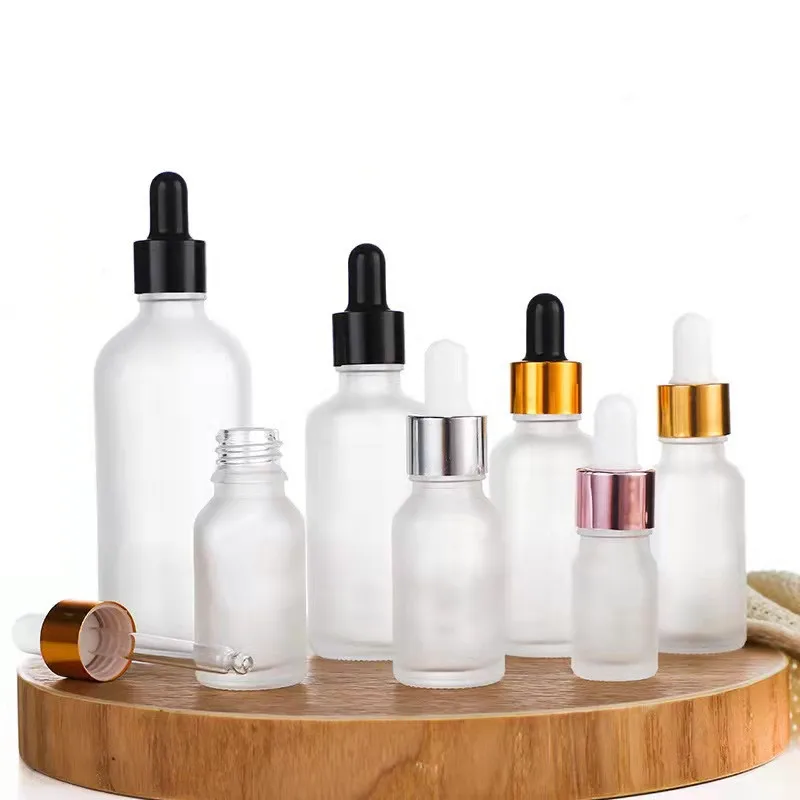 Custom Logo 5ml/10ml/15ml/20ml/30ml50ml/100ml Empty Frosted Glass Essence Massage Oils Serum Pipe Bottle with Aluminum Dropper