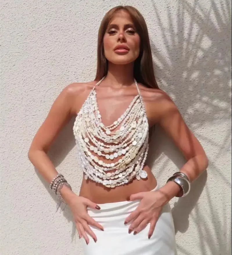European And American Style Multi-Layer Beaded Body Chain For Women, Pearl Necklace Layered Over Top, Sexy Strapless Vest
