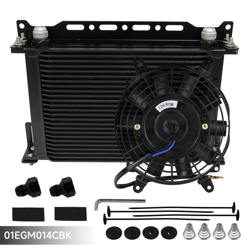 

Universal 25 Row AN10 Engine Oil Cooler w/ 2PCS AN10 To AN8 Fittings Mounting Bracket + 7" Electric Fan 12V 80W Black/Silver