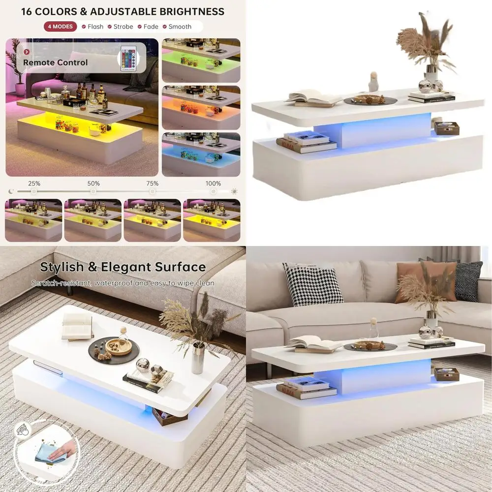 

47-дюймовый журнальный столик со светодиодной подсветкой и местом для хранения, элегантная белая отделка для гостиной