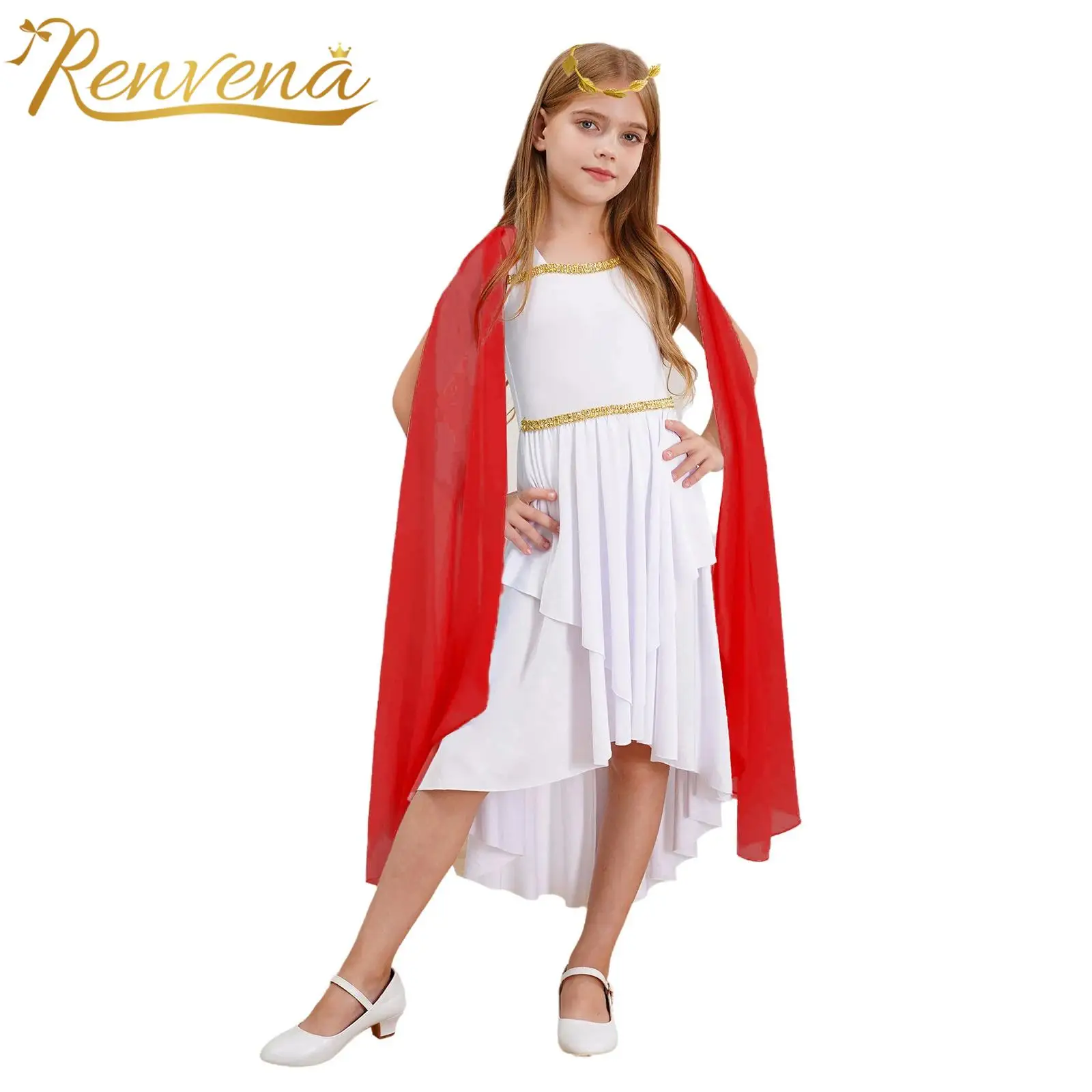 Kids Girls Halloween Ancient Greek Princess Toga Costume Roman Greece Flowy Dress with Headband Set Childs Carnival Outfits