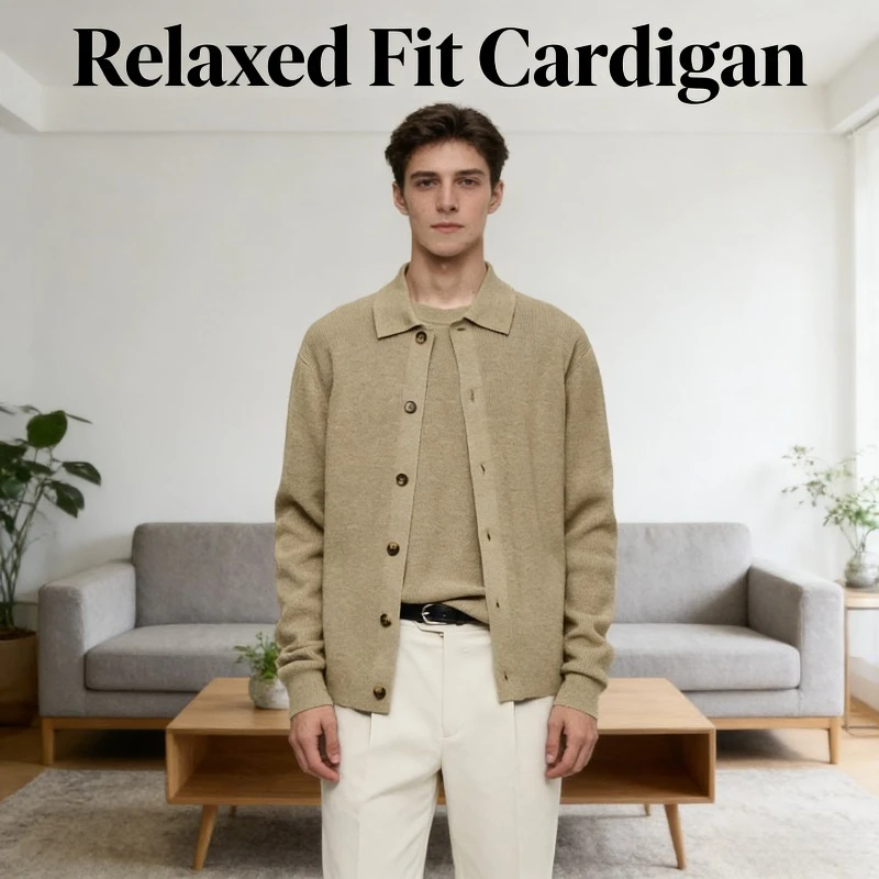 

2026 New Khaki Solid Color Lapel Long Sleeved Loose Breasted Knitted Sweater Men's Solid Color Cardigan Sweater Jacket