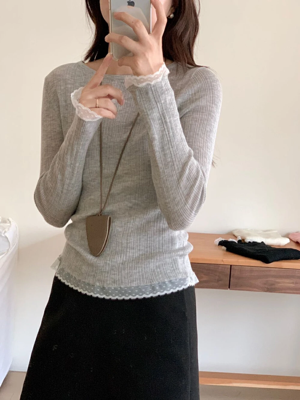 

Design Sensation Lace Trim Long Sve Knitted Sweater Women's Slim Fit Thin Base Layer Top for Autumn Winter Casual Wear