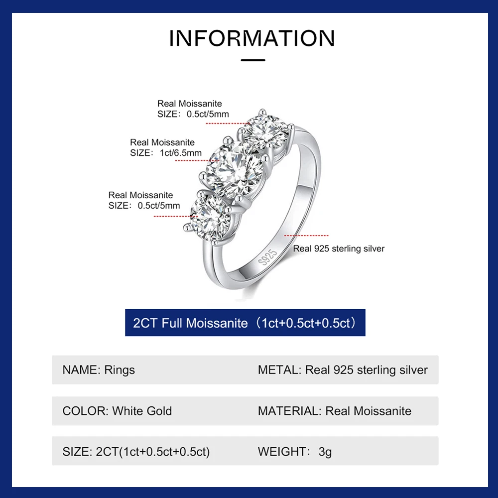 2/4CT Real Full Moissanite Rings for Women 3 Stone Sparkling Diamond Wedding Ring Original 925 Silver Luxury Quality Jewelry