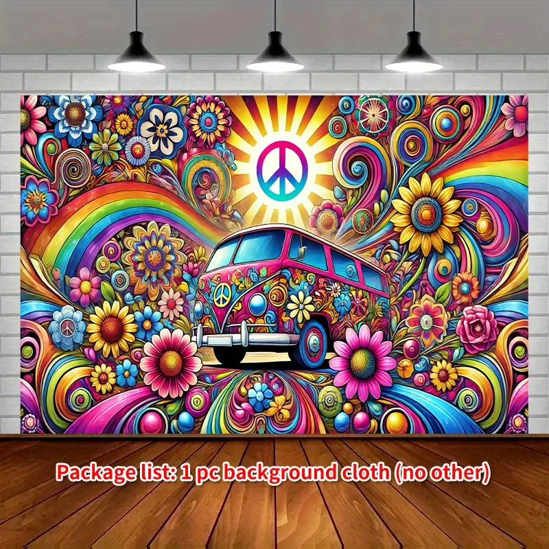 Psychedelic Hippie Bus Peace Sign Rainbow Flowers 2D Flat Tapestry Backdrop For Dorm Room Decor Retro Wall Hanging Art Print